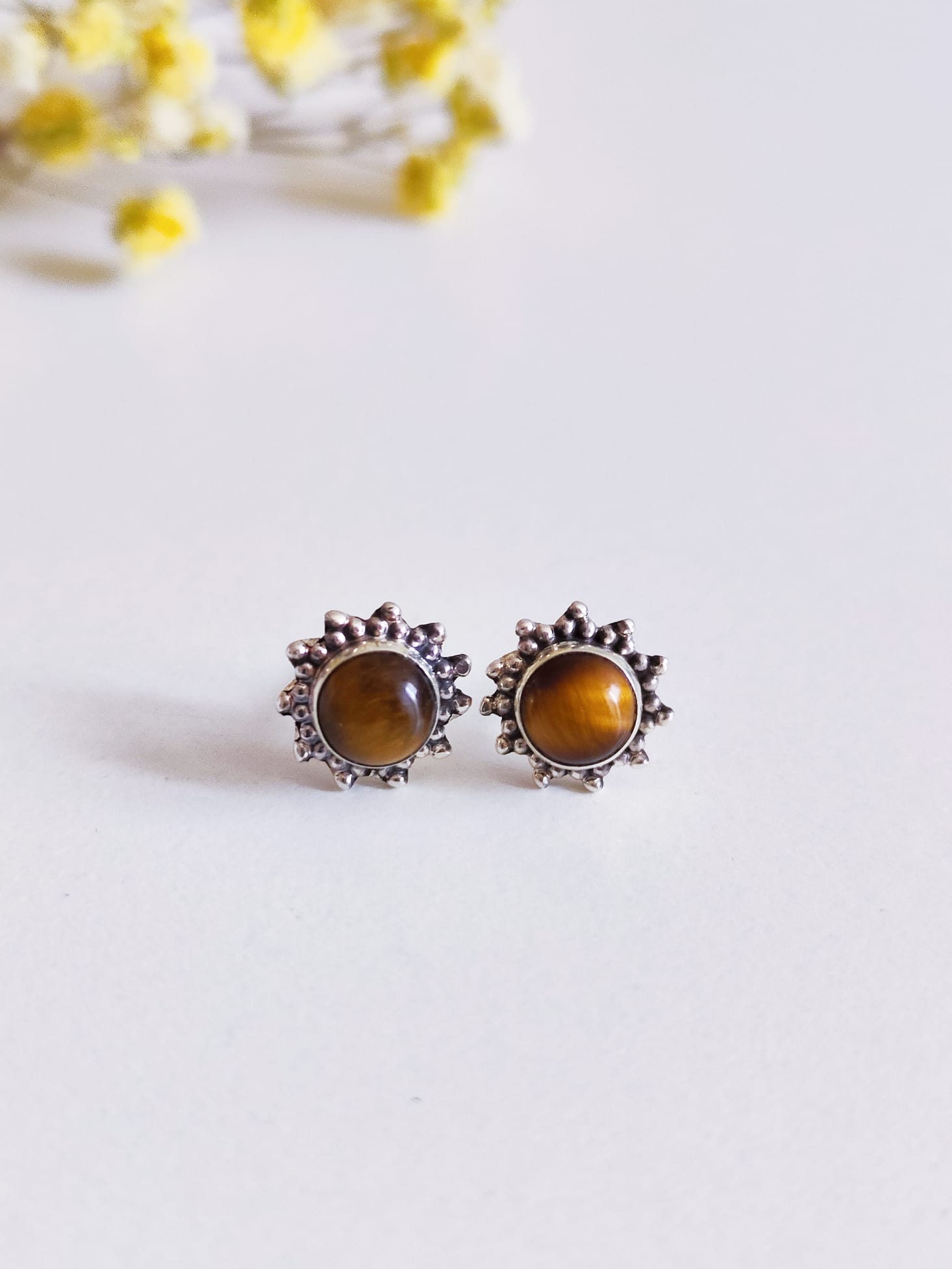 Pendientes botón ojo de tigre y plata - Imagen 5