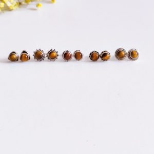 Pendientes botón ojo de tigre y plata